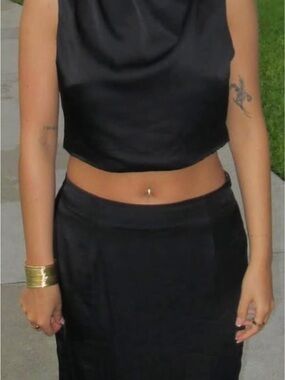 Chic Black Satin Crop Top with Coordinating Skirt